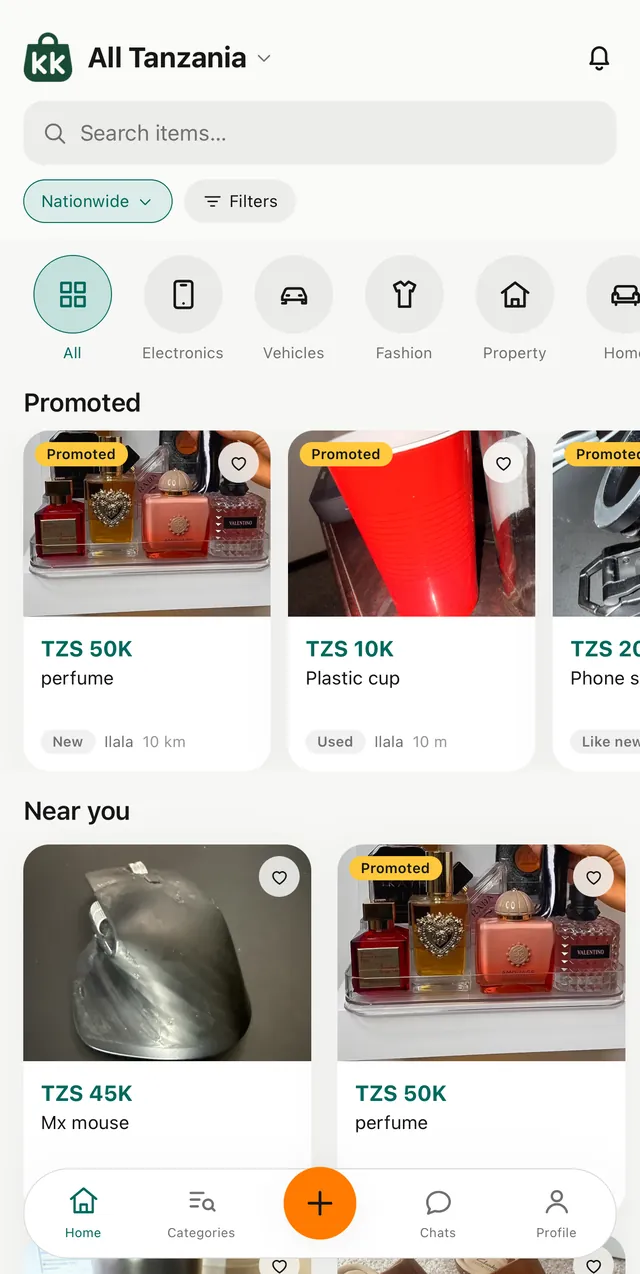 KkooApp home feed with promoted listings and items near you