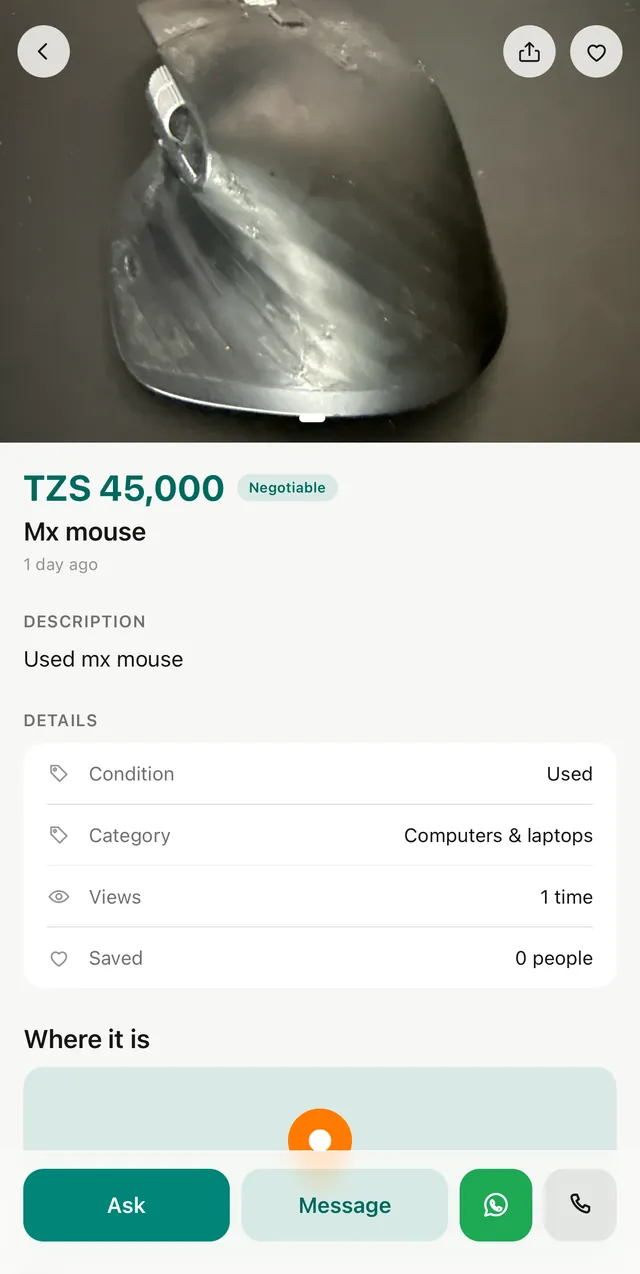 A listing with Ask, Message, WhatsApp and Call buttons